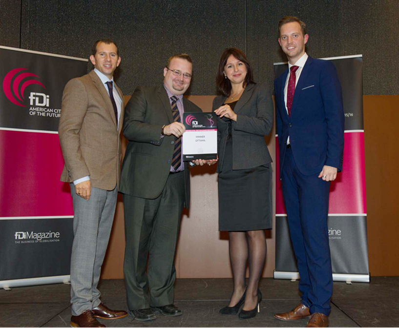 From Left to Right: Dr. Henry Loewendahl, CEO of WAVTEQ Stephen Blais, Ottawa City Councillor Lana Legostaeva, Vice-President of Invest Ottawa Chris Knight, Global Commercial Director of fDi Intelligence (Financial Times)