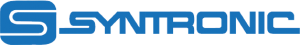 Logo for Syntronic featuring the company name in blue font, preceded by a white S in a blue square with rounded corners
