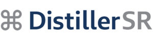 The grey and blog logo for DistillerSR. 