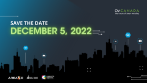 A graphic design for CAV Canada 2022, featuring a dark skyline with digital highlights and green text reading Save the Date, December 5, 2022