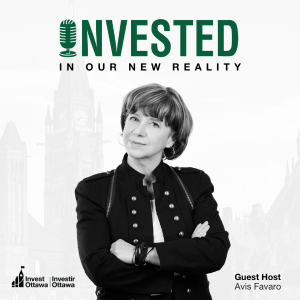 A design promoting Season 11 of the Invested In Our New Reality podcast - featuring Guest Host Avis Favaro, who stands with her arms crossed. Her image is black and white, in front of the parliament buildings faintly displayed in the background. 