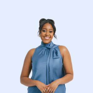 A profile picture of smiling Naomi Haile, Talent Strategy Consultant & Podcast Host - who's standing in front of a light blue background. 