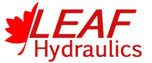 Logo for Leaf Hydraulics - which is a red half maple leaf on the left, with the words Leaf Hydraulics written in red on two lines to the right. 