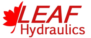 Logo for Leaf Hydraulics - which is a red half maple leaf on the left, with the words Leaf Hydraulics written in red on two lines to the right. 