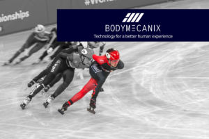 Promotional image for Body M3canix - showcasing a Canadian speed skater leading the race on an oval track. The design has the Canadian in full colour while he others are grey scale. The company logo appears in a blue banner with the text: technology for a better human experience. 