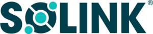 The logo for Solink - which is predominantly comprised of dark and light blue lettering with light blue accents. 