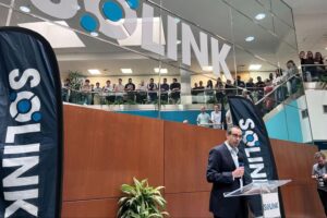 Solink CEO Michael Matta addresses the audience at the HQ expansion ribbon-cutting ceremony.
