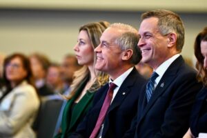 Ottawa Mayor Mark Sutcliffe, Gatineau Mayor Maude Marquis-Bissonnette, and Prime Minister of Canada Mark Carney at the Mayor Breakfast event in December 2025