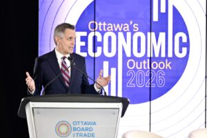 Mayor Mark Sutcliffe delivering a state of the city address at Ottawa's Economic Outlook 2026
