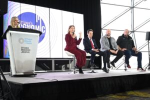 The panel for the Economic Outlook event featuring Sonya Shorey, President and CEO of Invest Ottawa, Amy MacLeod, Vice President, Corporate Communications, MDA Space • Dan Goldberg, President and Chief Executive Officer, Telesat • Glenn Cowan, Founder and Chief Executive Officer, ONE9 • Mitch Carkner, Co-Founder and Chief Operating Officer, Dominion Dynamics •