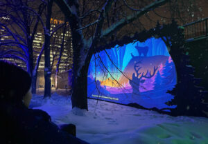 An instillation titled Lantern Grove which uses light to create artistic environments .