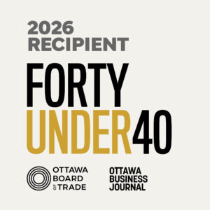 A graphic for recipients of the Forty Under 40 awards for 2026. The words - 2026 Recipient Forty Under 40 appear, wiht the logos of the Ottawa Board of Trade and the Ottawa Business Journal appearing at the bottom. 
