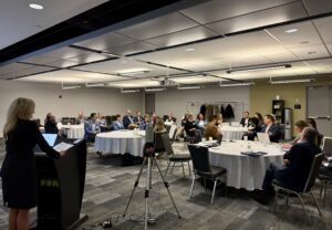 Invest Ottawa President and CEO Sonya Shorey addresses the room at the first meeting of the Defence Innovation Task Force in Ottawa. 