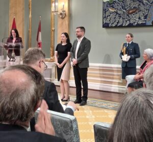 Growcer co-founders Corey Ellis and Alida Burke at Rideau Hall after receiving the 2026 Governor General’s Innovation Award.