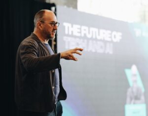 Entrepreneur, bestselling author, and Fwd50 founder Alistair Croll during his keynote presentation.